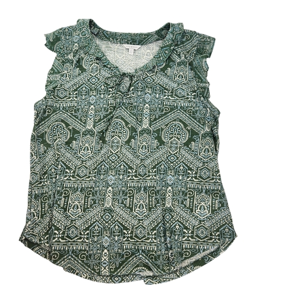 Lucky Brand Green Geometric Tribal Aztec Blouse Ruffle Sleeve V Neck Large - Picture 9 of 13